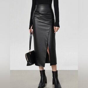 Commense Ruched Slit PU Leather MIDI Skirt NWT Size L